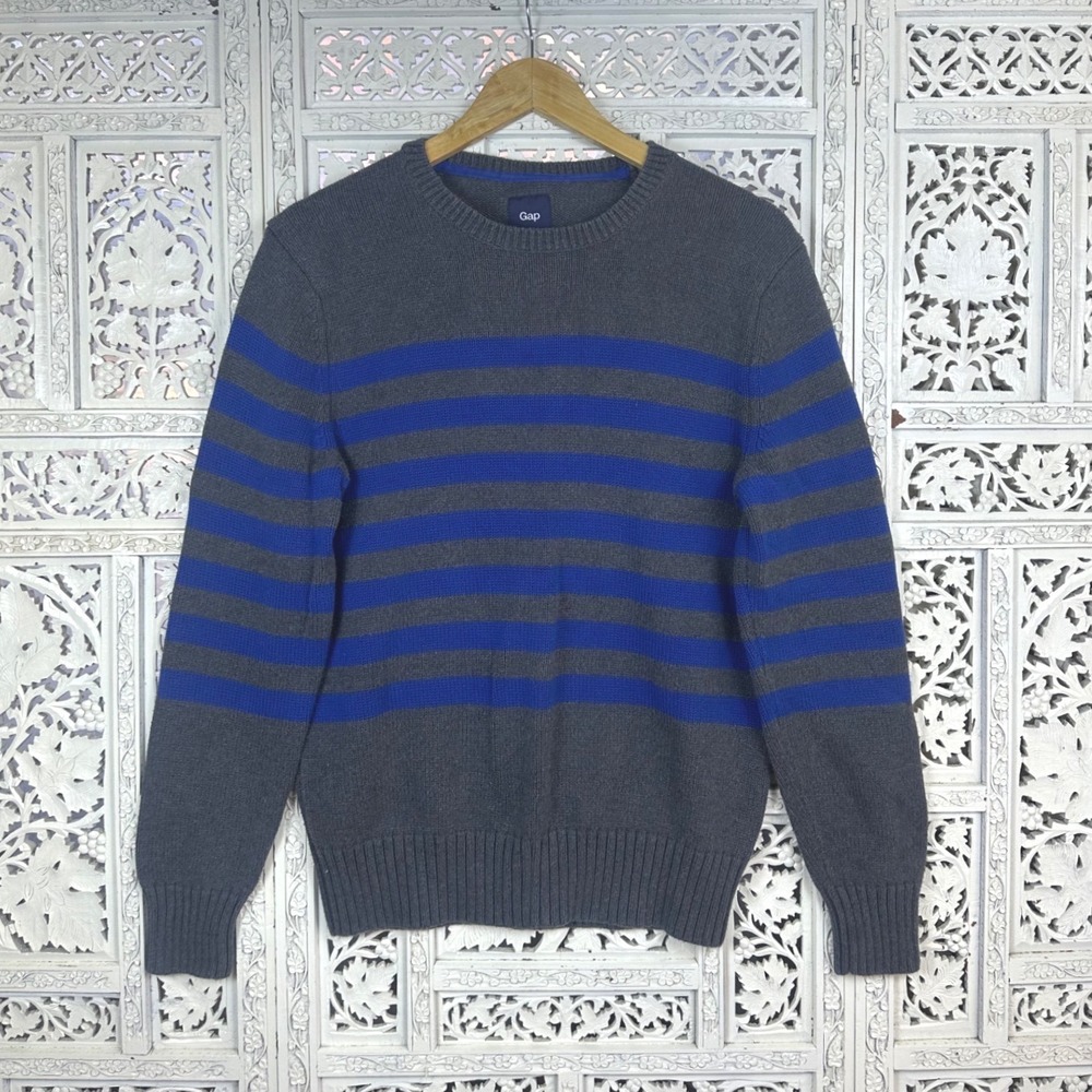 GAP Blue & Gray Thick Knit Striped Crewneck Long Sleeve Sweater Sz Mens S/M‎